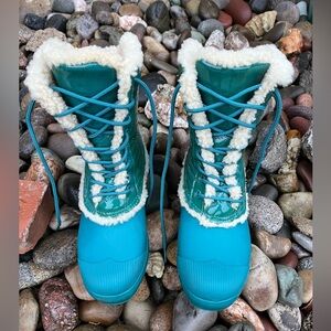 Hunter Original Patent Pac Teal Blue Shearling Rubber Boots, sz 8